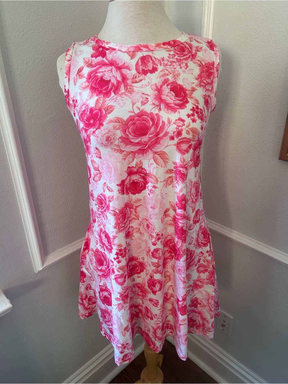 Pink Floral Sleeveless Dress with Pockets